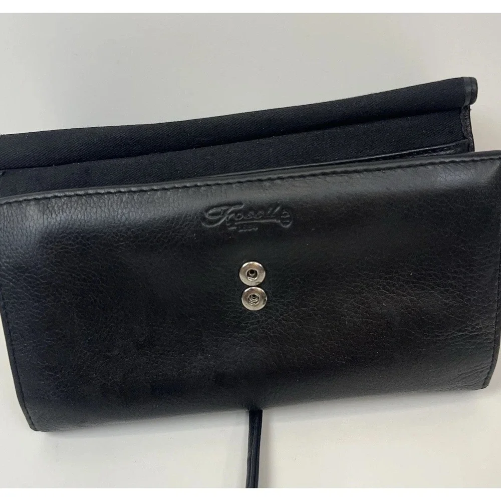 FOSSIL Leather Wallet Clutch Removable Crossbody Shoulder Strap‎ Organizer Black